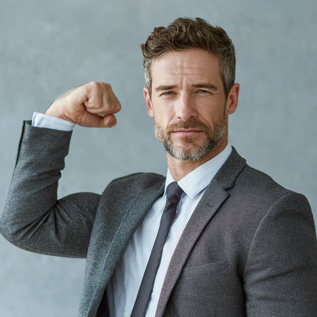Confident man in business attire flexing bicep showing physical and mental strength transformation results
