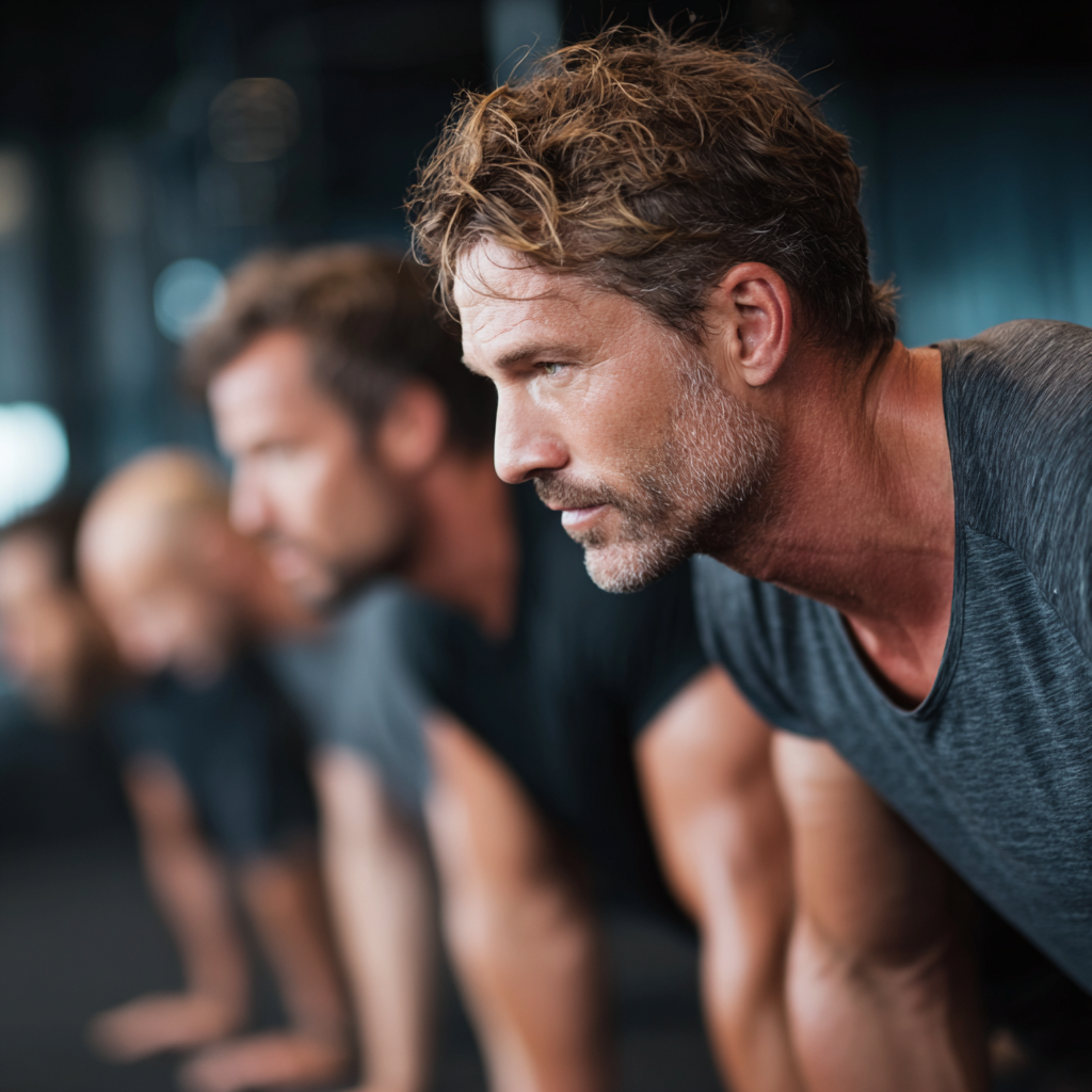 Group of motivated men training together in modern gym with focus on teamwork and determination