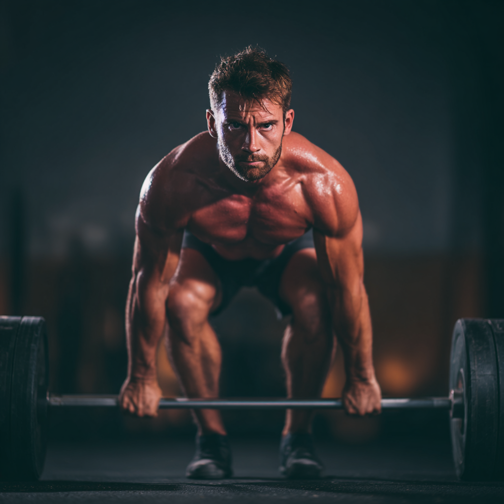 Strong determined man in gym performing deadlift exercise with intense focus and proper form